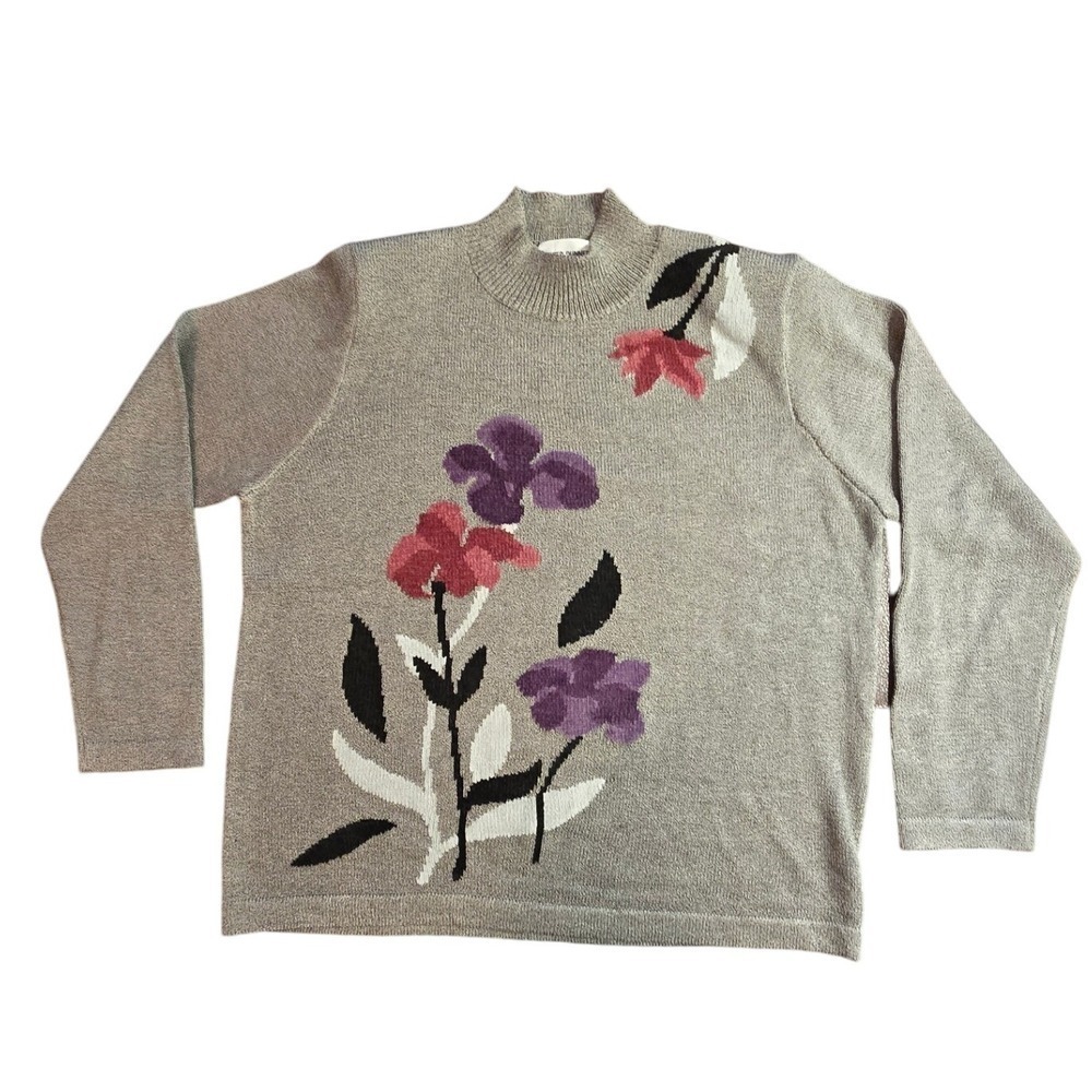 Alfred Dunner Gray Floral Knit Sweater Mock Neck Long Sleeve Womens Large